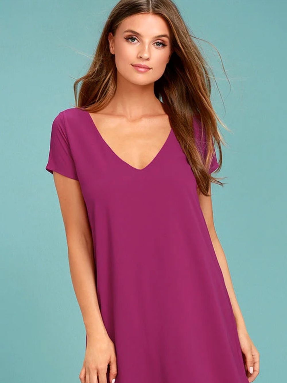 NWT Lulu's Magenta V-Neck Short Sleeve Swing Dress